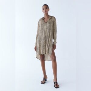 New ZARA Silky Leopard Print Button-Up Shirt Dress Size L
